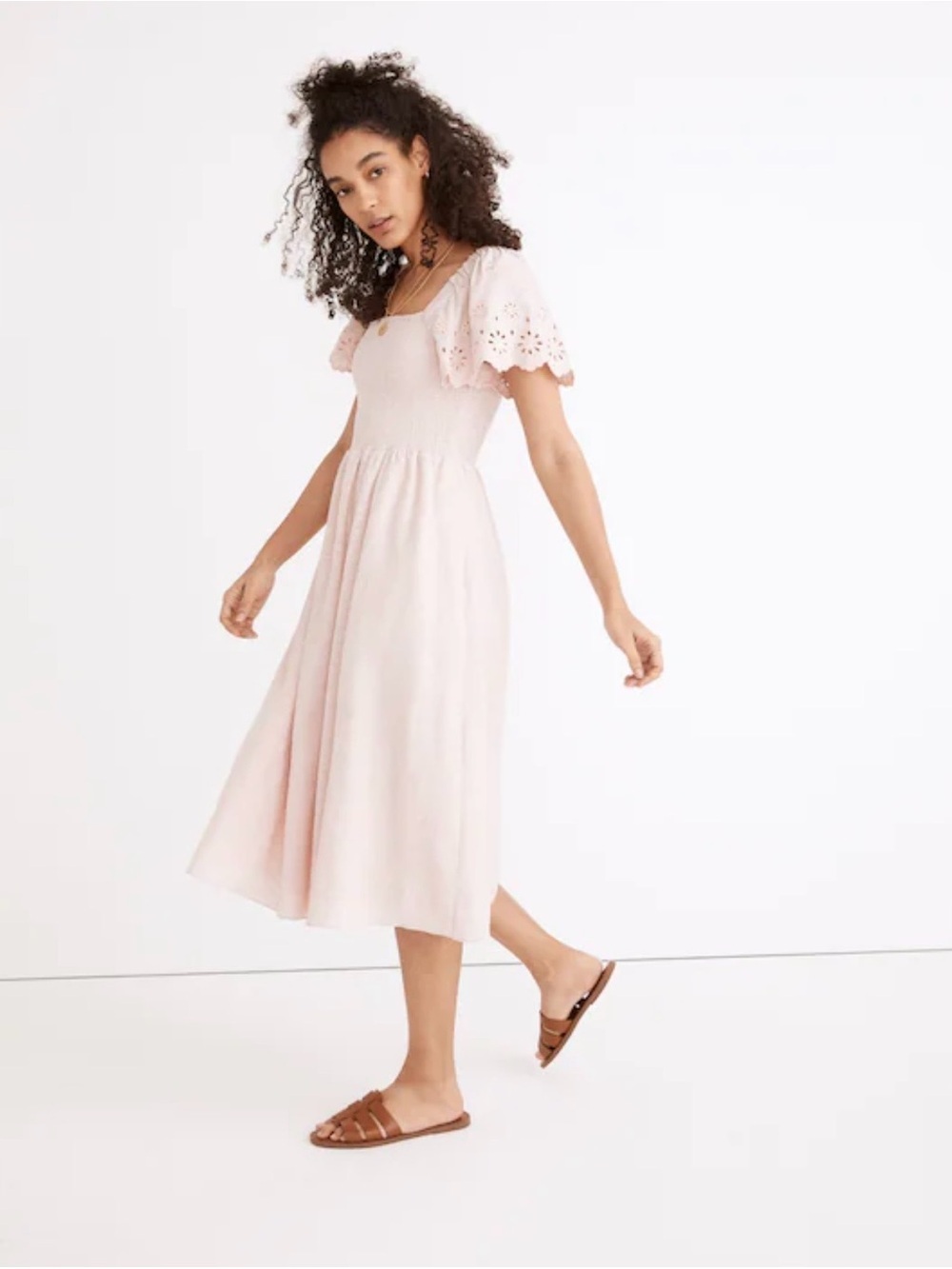 Madewell Pale Pink Eyelet-Sleeve Midi Dress